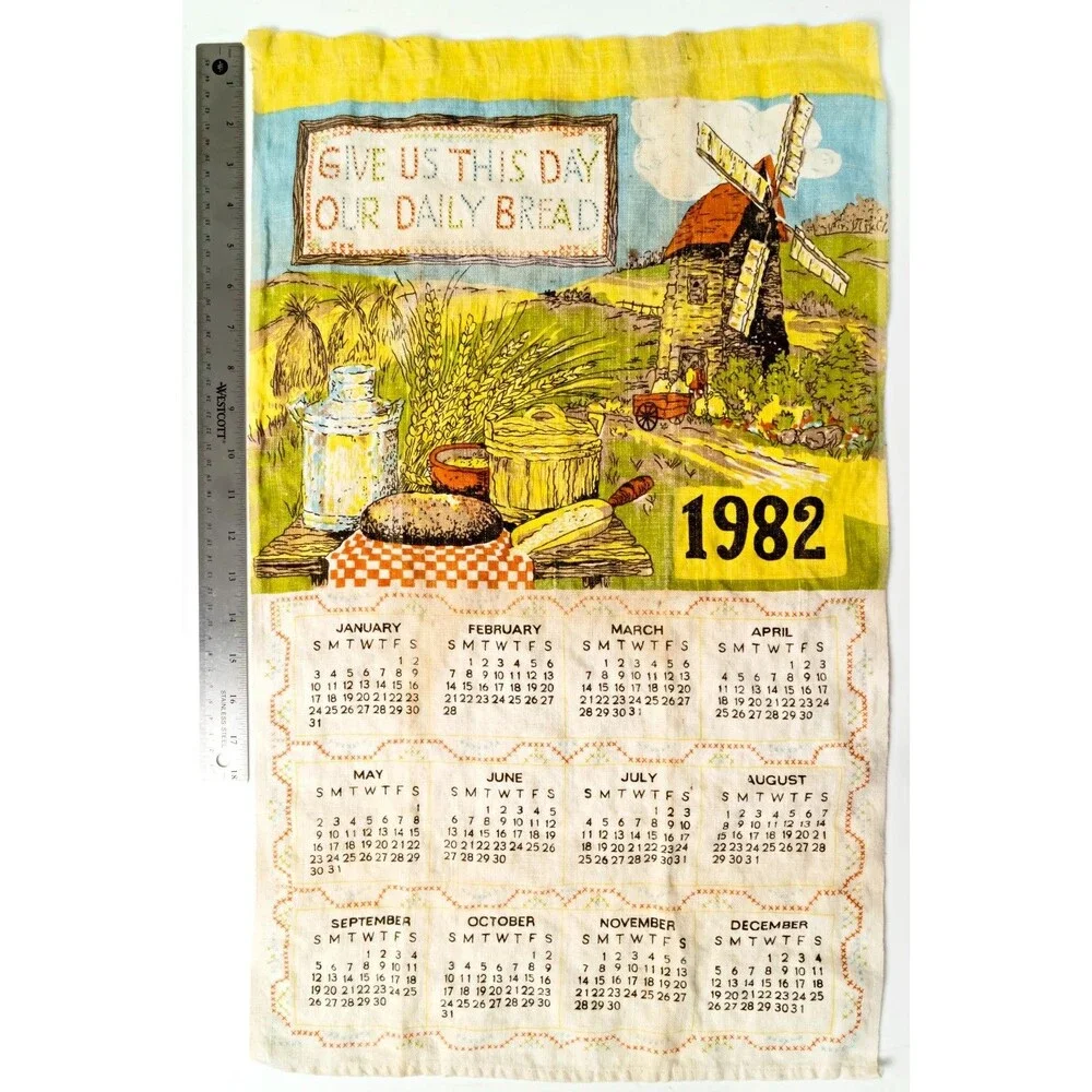 Vintage 1982 Cotton Fabric Kitchen Tea Towel Wall Calendar 25x15